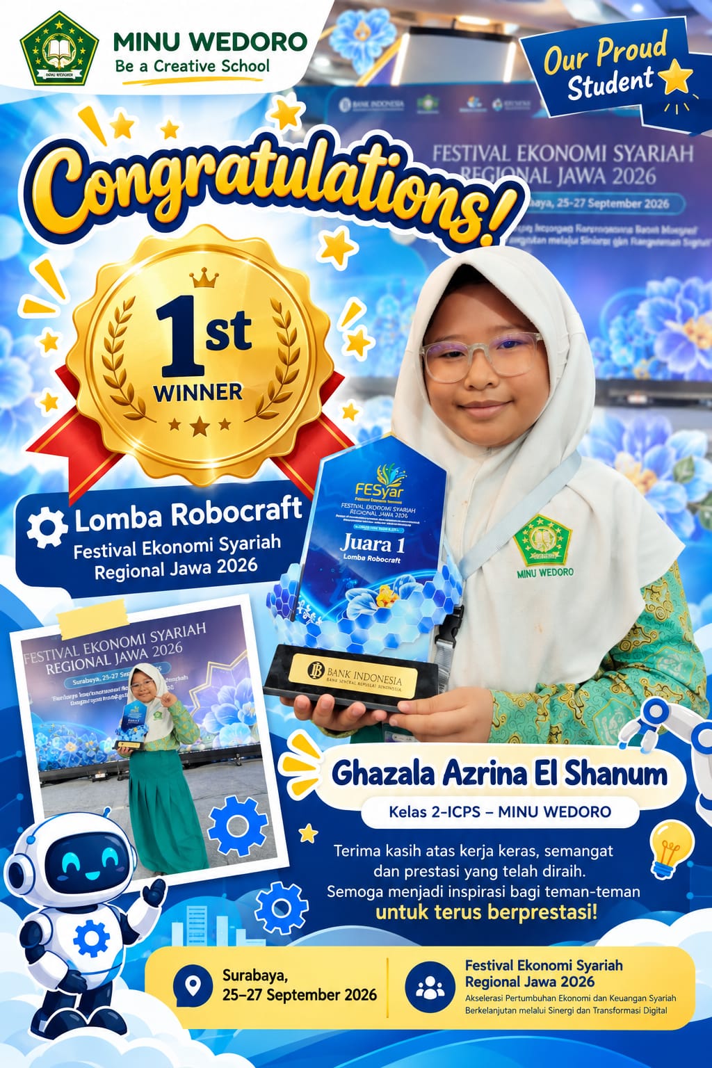 Siswi kelas 2 ICPS MINU Wedoro berhasil meraih Juara 1 dalam Lomba Robocraft
