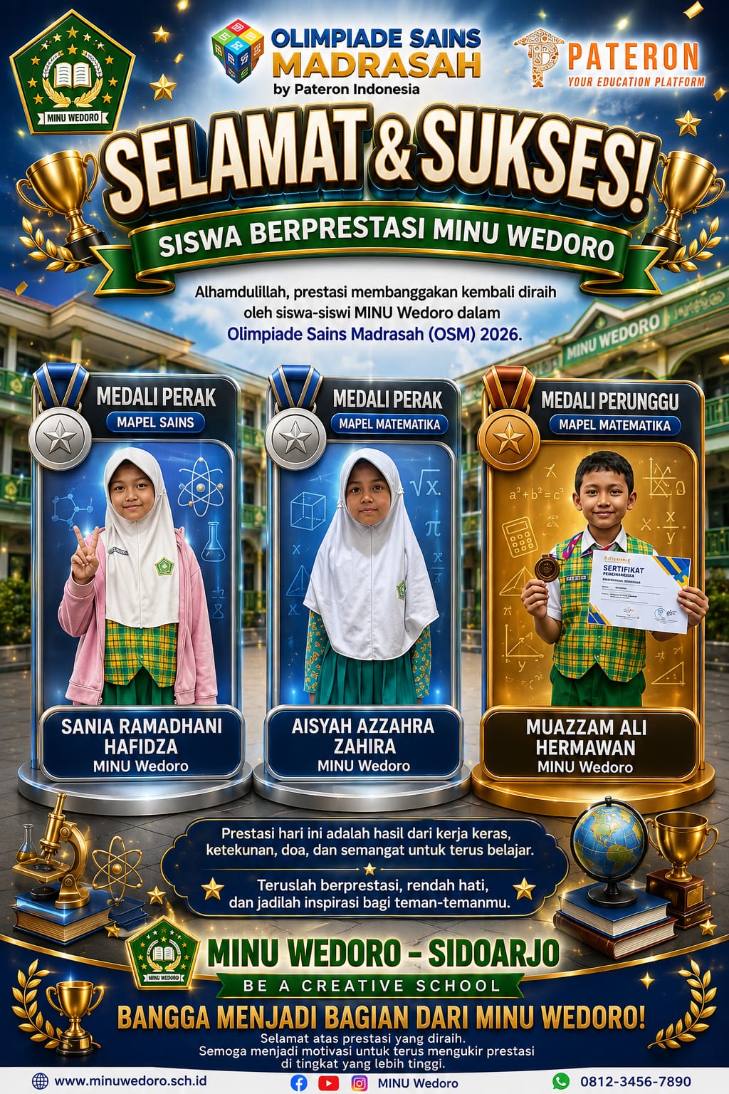 3 Siswa Kelas ICPS Raih 3 Medali dalam Olimpiade Sains Madrasah by Pateron Indonesia 2026